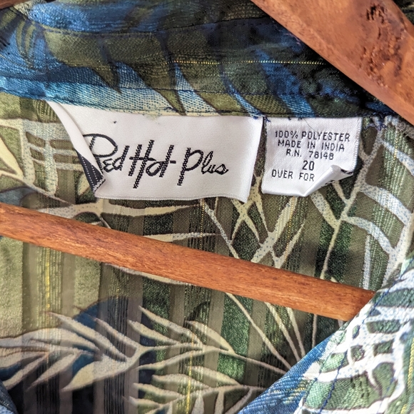 Vintage Sheer Tropical Top 20W Sparkling Gold Buttons Green Blue Button Down 2X - Picture 8 of 8